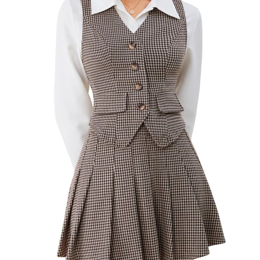 Women's Plaid Skirt Set 2-Piece Business Outfit Vest Blazer Pleated Mini